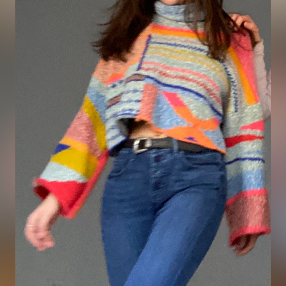 Free people cropped multi color sweater with flared sleeves
